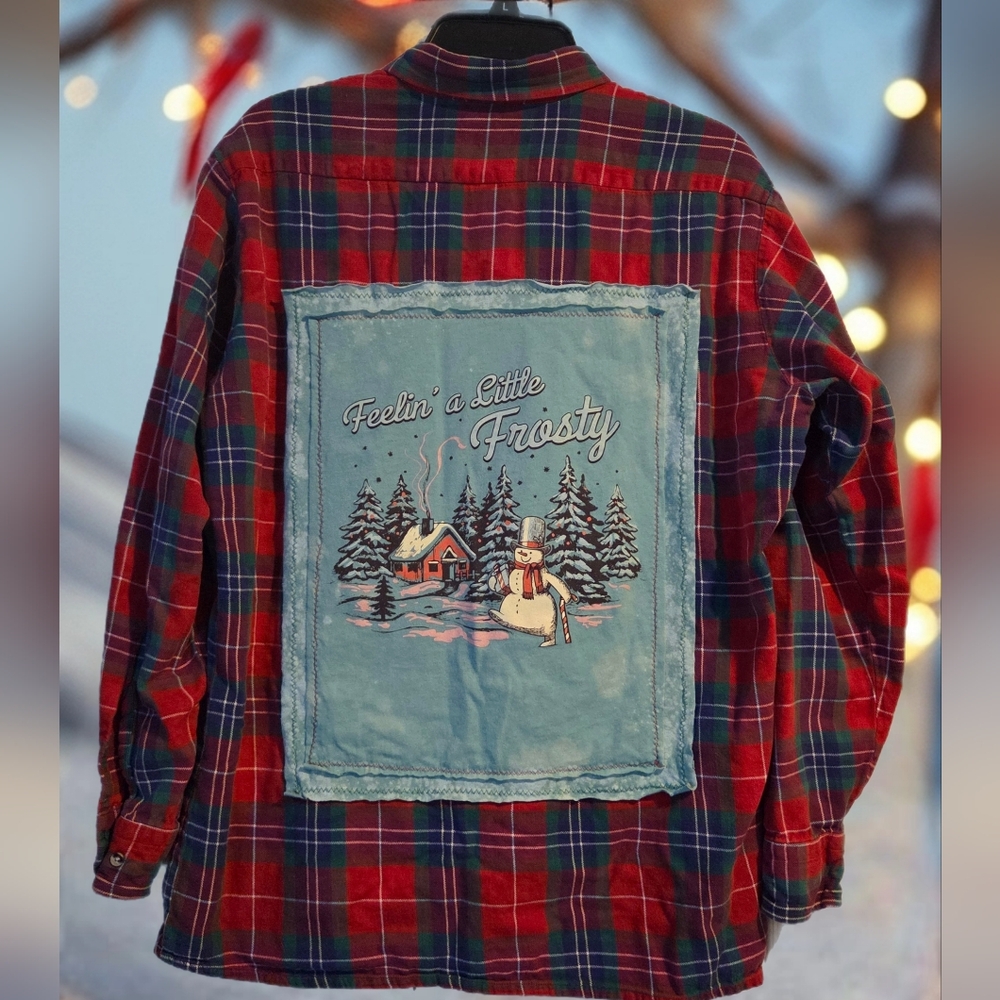 Upcycled FROSTY SNOWMAN distressed Plaid Flannel Shirt Mens L